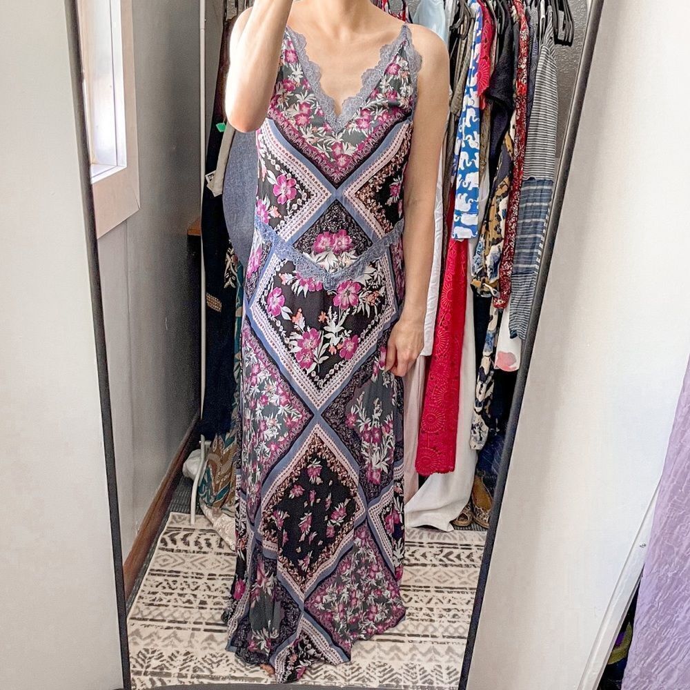 Free People Stevie Printed Maxi Slip Dress Lace Trim S